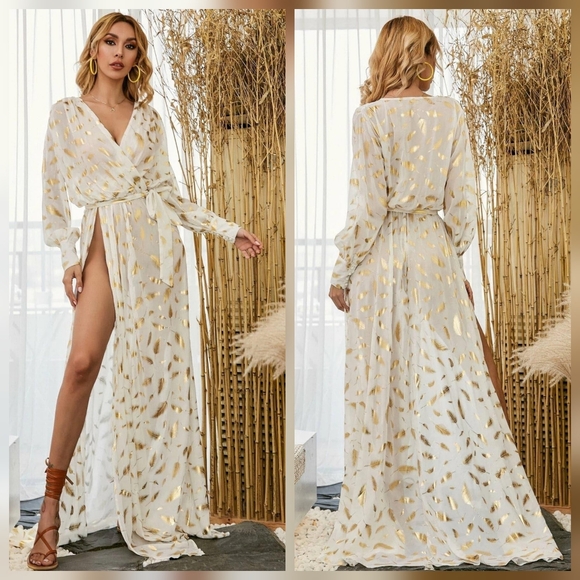 Elegant White And Gold Surplice Floor-Length Dress By Miss Ord. Size S - Picture 1 of 17